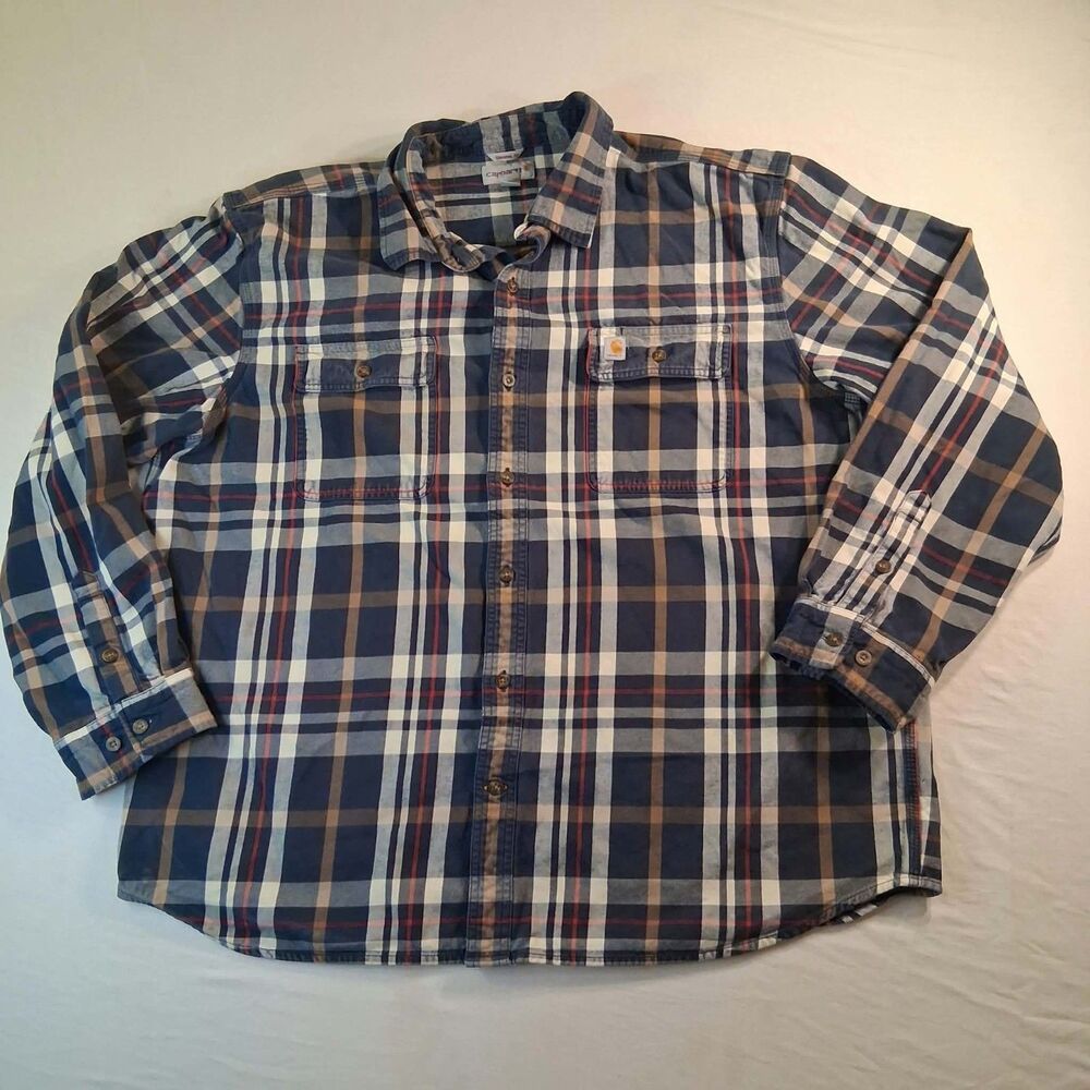 Carhartt Mens 2XL Plaid Flannel Button Up Shirt Long Sleeve Blue Workwear